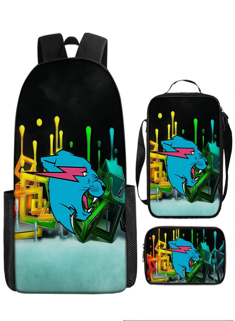Mr Beast Lightning Children Backpack Schoolbag Teen Student School Book bag with Lunch Box Pen Case 3 in 1 for Kids