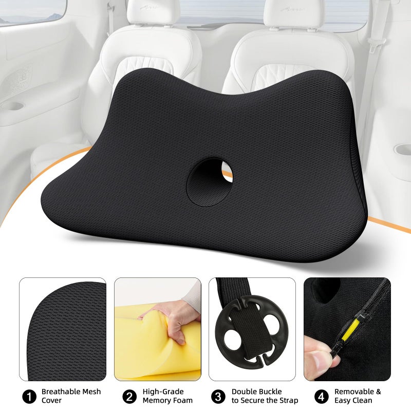 Benazcap Lumbar Support Pillow for Car, Lower Back Support Pillow for Sciatica & Back Pain Relief, 2 in 1 Memory Foam Seat Cushion for Office Chair, Car Seat - Black - Image 4