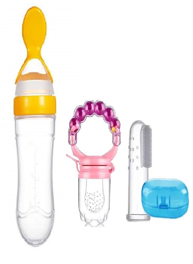 Chopchi Silicone Fruit Rattle Pacifier 1 Pcs,1 pcs Spoon Feeder Bottle and 1 Pcs Finger Brush for Infant Baby 6 Month Above (3 Piece Combo Set-Yellow) - Image 1