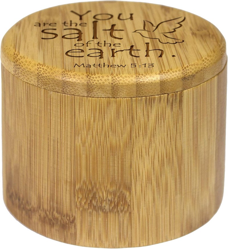 Totally Bamboo صندوق تخزين ملح من الخيزران مع غطاء دوار مغناطيسي، سعة 6 أونصات، مكتوب عليه "أنت ملح الأرض متى 5:13" - Image 3