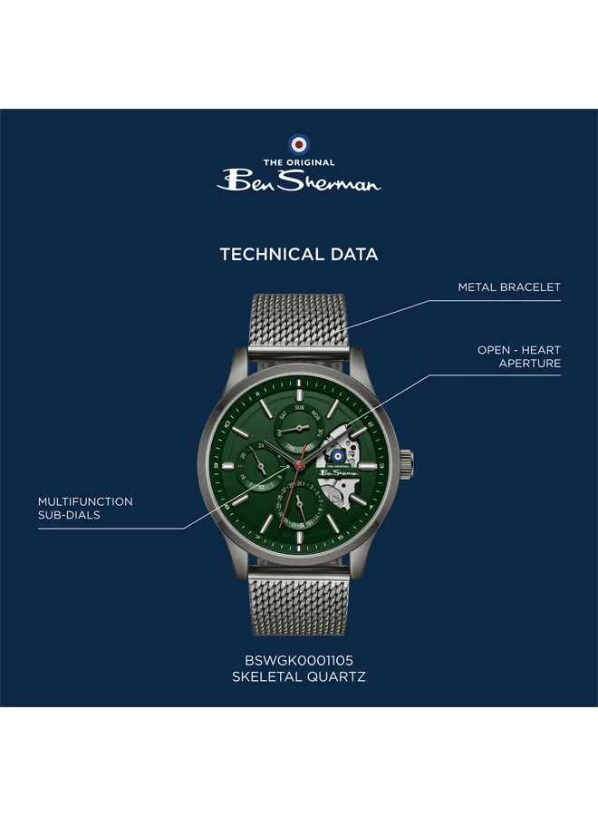 Ben Sherman Green St Albans Green Dial Gunmetal Stainless Steel Bracelet Multifunction Watch for Men, 43.5mm for Men | Best Price UAE