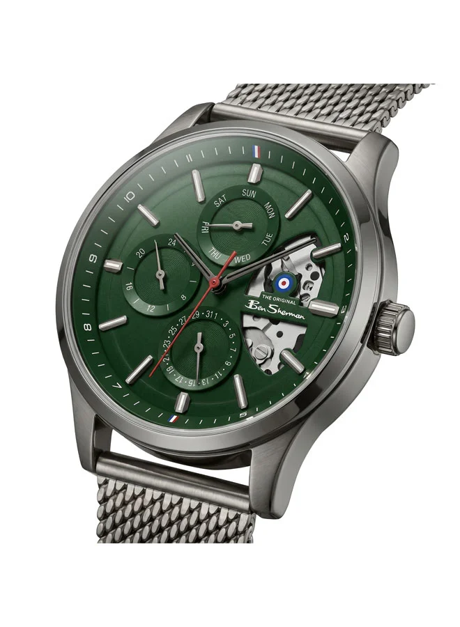 بين شيرمان St Albans Green Dial Gunmetal Stainless Steel Bracelet Multifunction Watch for Men, 43.5mm