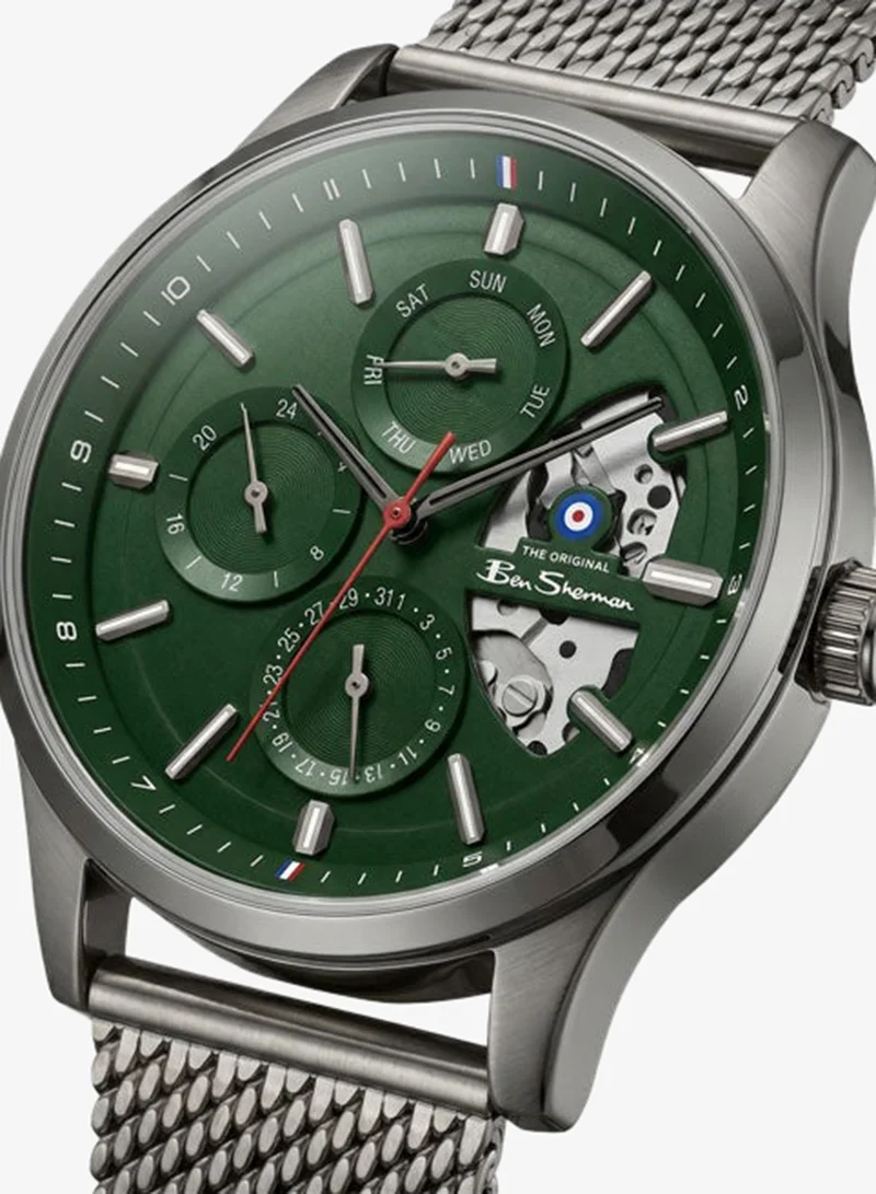 Ben Sherman St Albans Green Dial Gunmetal Stainless Steel Bracelet Multifunction Watch for Men, 43.5mm