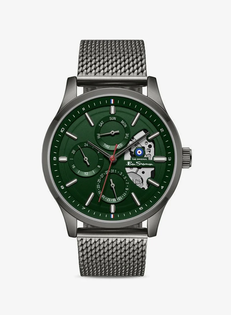 Ben Sherman St Albans Green Dial Gunmetal Stainless Steel Bracelet Multifunction Watch for Men, 43.5mm