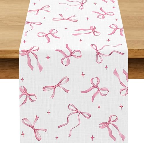 Buxiuer Pink Bow Party Table Runner Valentine's Day Coquette Girls Birthday Party Decoration Tea Wedding Baby Shower Dining Room Home Kitchen Table Decor (Pink, 13" x 72") - Image 1