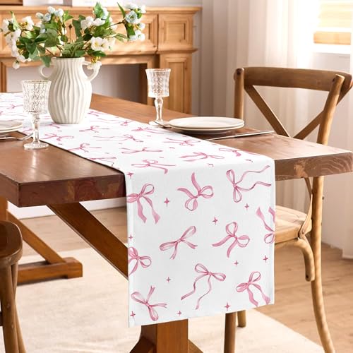 Buxiuer Pink Bow Party Table Runner Valentine's Day Coquette Girls Birthday Party Decoration Tea Wedding Baby Shower Dining Room Home Kitchen Table Decor (Pink, 13" x 72") - Image 2