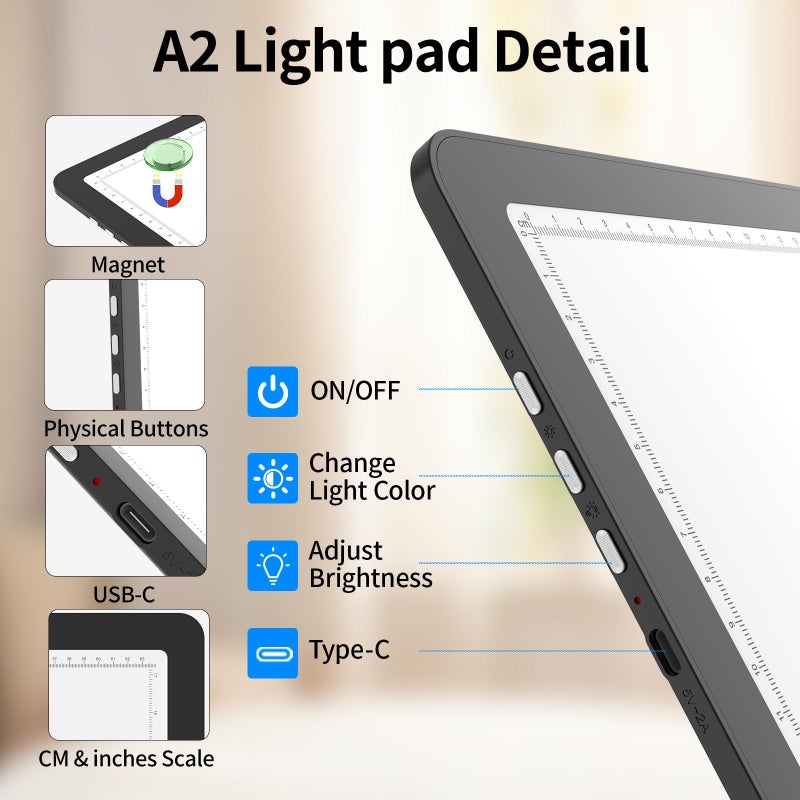 TOHETO A2 Light Pad 25.2''x18.4'', Large Magnetic LED Light Board for Diamond Painting, 3-Color Modes Light Box for Tracing, 6-Level & Stepless Dimmerable Diamond Art Light Table for Drawing,Sketching - Image 5