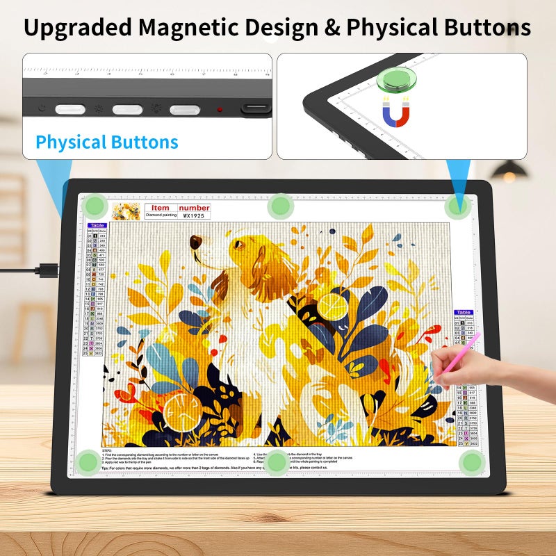TOHETO A2 Light Pad 25.2''x18.4'', Large Magnetic LED Light Board for Diamond Painting, 3-Color Modes Light Box for Tracing, 6-Level & Stepless Dimmerable Diamond Art Light Table for Drawing,Sketching - Image 3