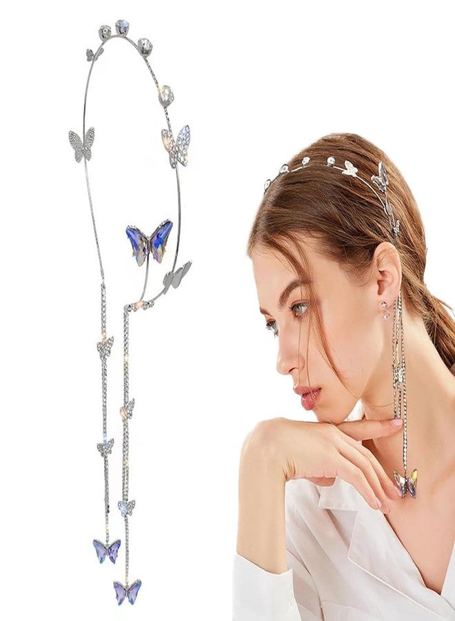 FFZDENA Butterfly Hair Accessories, Crystal Tiara for Women, Hairband with Pearl Earring Design, Elegant Hair Jewellery for Special Occasions, Hair Chain for Women - Image 1