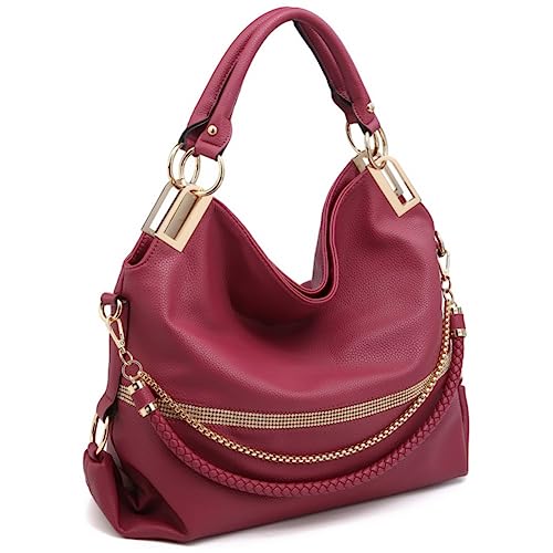 Dasein Women's Large Hobo Bag with Rhinestone Accents Vegan Leather Tote Purse Shoulder Handbag for Ladies (Wine Red) - Image 1
