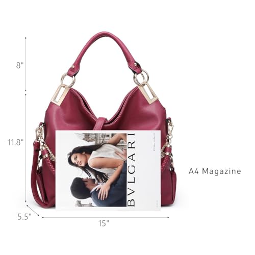 Dasein Women's Large Hobo Bag with Rhinestone Accents Vegan Leather Tote Purse Shoulder Handbag for Ladies (Wine Red) - Image 3
