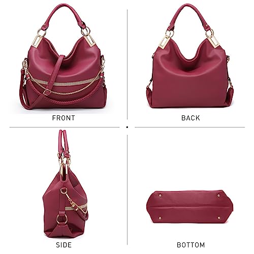 Dasein Women's Large Hobo Bag with Rhinestone Accents Vegan Leather Tote Purse Shoulder Handbag for Ladies (Wine Red) - Image 2
