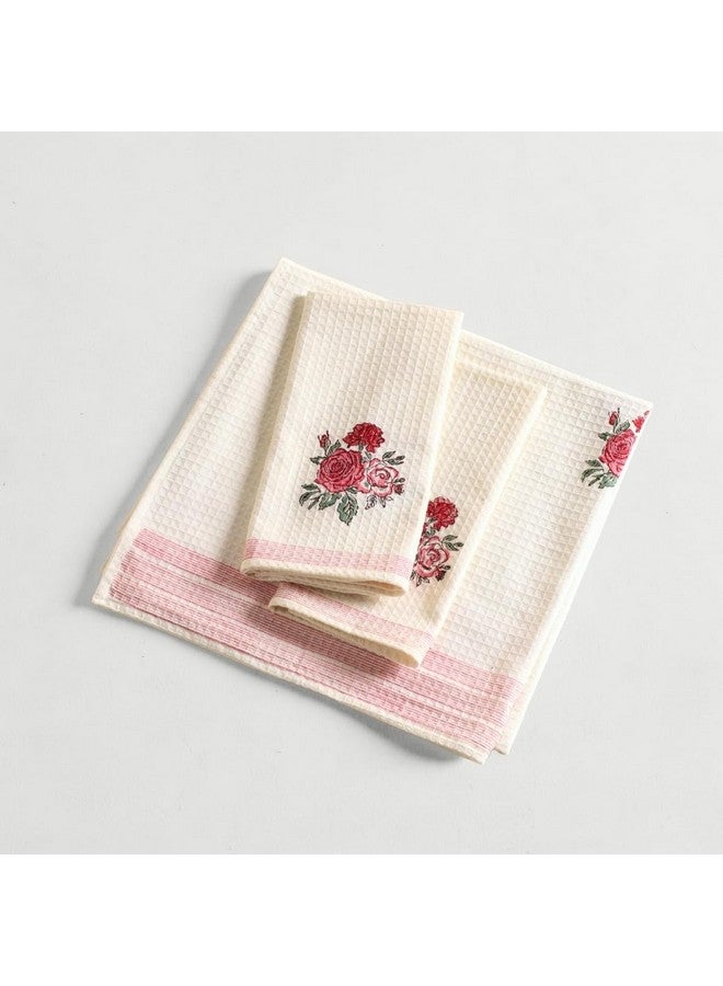 Peepul Tree Block Printed Hand and Bath Towels, Super Absorbent, Soft & Faster Drying, Floral Printed 100% Pure Cotton, 240 GSM (2 Hand and 1 Bath Towel Set, Off-White & Pink Roses) - Image 1