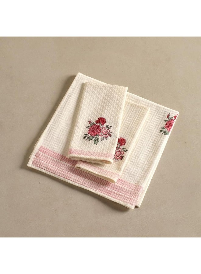 Peepul Tree Block Printed Hand and Bath Towels, Super Absorbent, Soft & Faster Drying, Floral Printed 100% Pure Cotton, 240 GSM (2 Hand and 1 Bath Towel Set, Off-White & Pink Roses) - Image 2