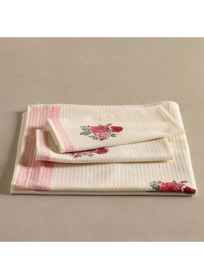 Peepul Tree Block Printed Hand and Bath Towels, Super Absorbent, Soft & Faster Drying, Floral Printed 100% Pure Cotton, 240 GSM (2 Hand and 1 Bath Towel Set, Off-White & Pink Roses) - Image 3