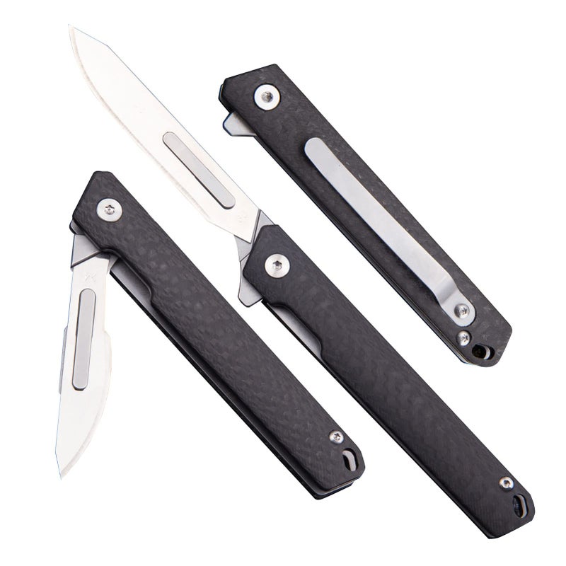 TENCHILON TC18 Small Carbon Fiber Pocket Folding Scalpel Knife 10pcs 60 and 24 Replaceable Blades Compact Slim Gentlemans Flipper EDC Utility Knives with Pocket Clip