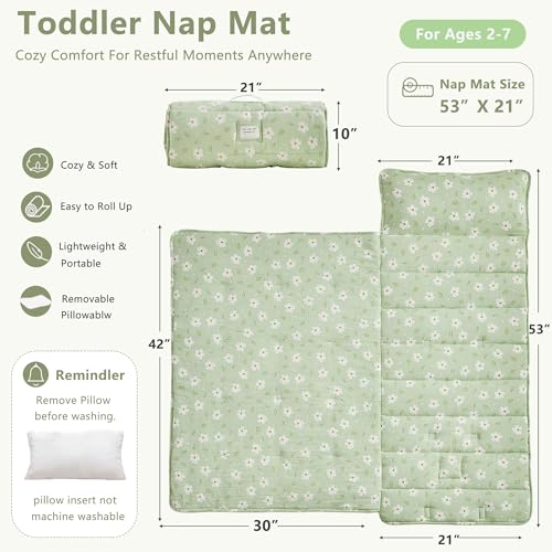 DuShow Toddler Nap Mat with Pillow and BlanketSoft Slumber Bags for GirlsKids Sleeping Bags with Roll Up DesignGreen Floral Nap Mats for PreschoolDaycareKindergartenFits Ages 36 Years OldGreen - Image 3