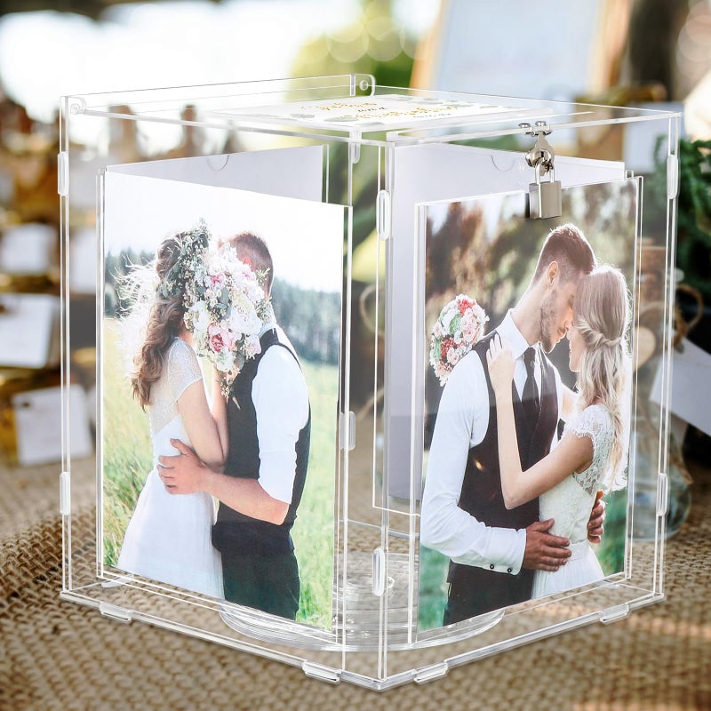 OurWarm Acrylic Wedding Card Box with Picture Frame for 8x10 Photos, Large Rotatable Envelope Post Money Gift Box Holder with Lock Slot for Reception Anniversary Graduation Birthday Party Baby Shower - Image 1