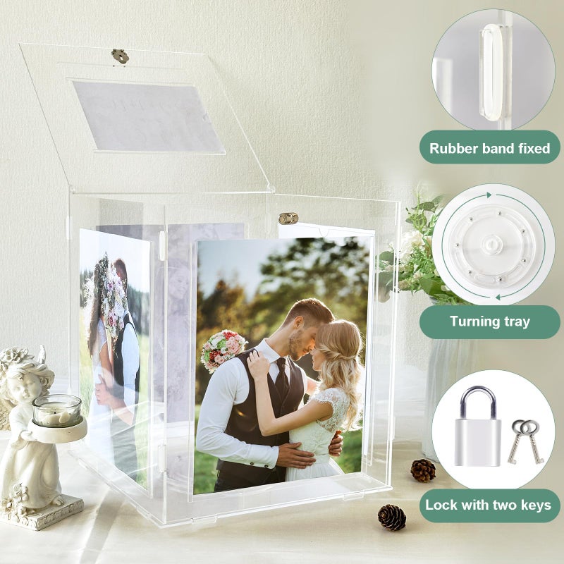 OurWarm Acrylic Wedding Card Box with Picture Frame for 8x10 Photos, Large Rotatable Envelope Post Money Gift Box Holder with Lock Slot for Reception Anniversary Graduation Birthday Party Baby Shower - Image 5