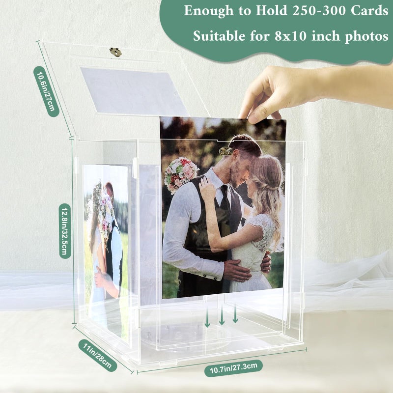 OurWarm Acrylic Wedding Card Box with Picture Frame for 8x10 Photos, Large Rotatable Envelope Post Money Gift Box Holder with Lock Slot for Reception Anniversary Graduation Birthday Party Baby Shower - Image 2