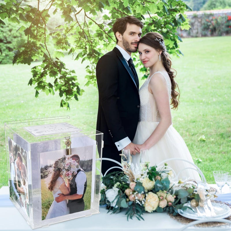 OurWarm Acrylic Wedding Card Box with Picture Frame for 8x10 Photos, Large Rotatable Envelope Post Money Gift Box Holder with Lock Slot for Reception Anniversary Graduation Birthday Party Baby Shower - Image 4