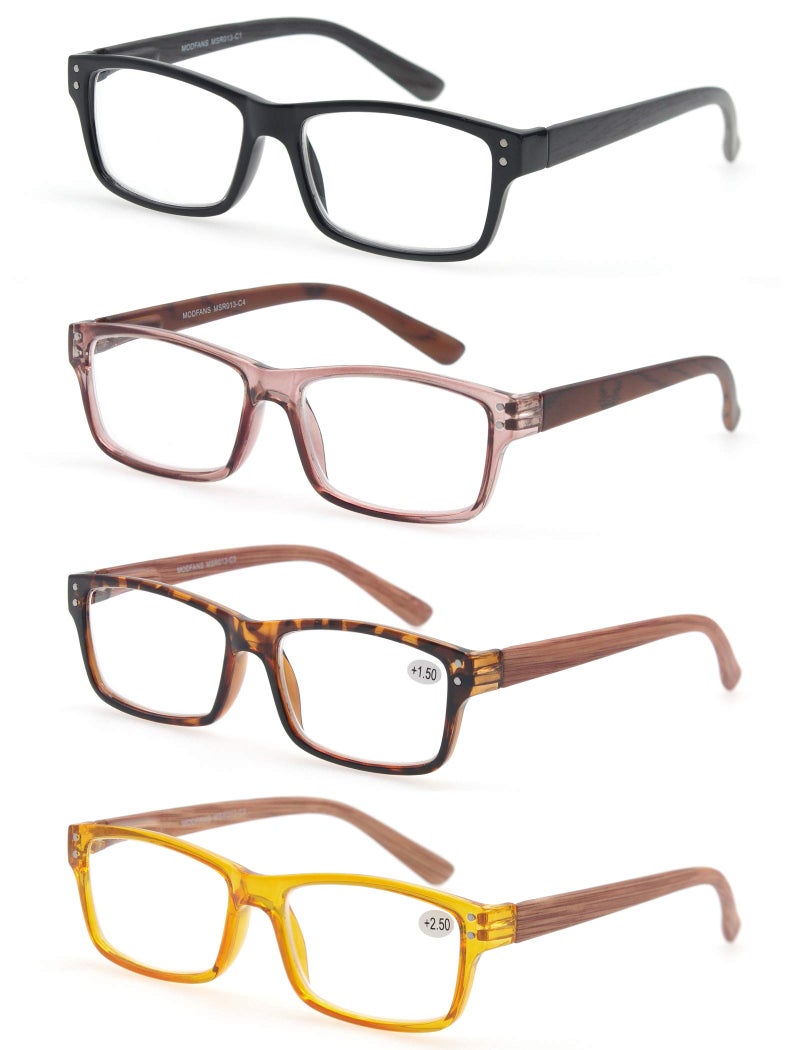 MODFANS Reading Glasses 4Pack Wood Look Printed Arms Readers Classic with Spring Hinges for Men and Women 250