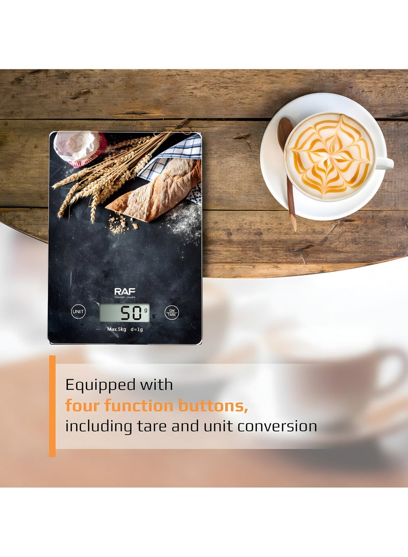 آر إيه أف ميزان مطبخ رقمي بشاشة رقمية، أقصى وزن 5 كجم، تشغيل/إيقاف تلقائي، مؤشر انخفاض البطارية/الحمل الزائد، مزود بدقة عالية  - Image 5