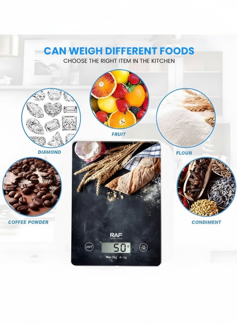 RAF Digital Kitchen Scale, 5Kg Capacity, Food Scale For Baking And Cooking - 4 Weighing Sensors, Auto-Off & Auto Calibrate Function Overload Indicator With Battery - Image 4