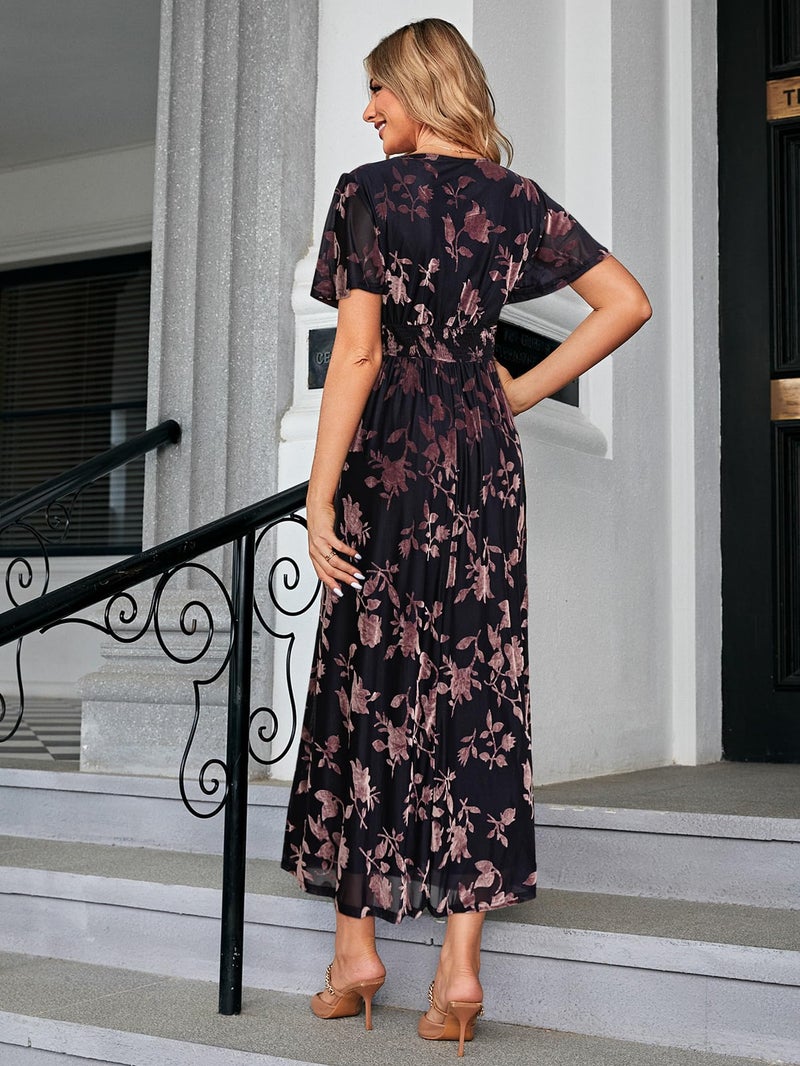 Simplee Apparel Simplee Women's Fall Wedding Guest Velvet Maxi Dress Burnout Floral Empire Waist V Neck Short Sleeve Long Formal Dress (Dark Purple Floral XL) - Image 4