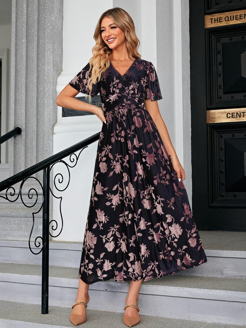 Simplee Apparel Simplee Women's Fall Wedding Guest Velvet Maxi Dress Burnout Floral Empire Waist V Neck Short Sleeve Long Formal Dress (Dark Purple Floral XL) - Image 5