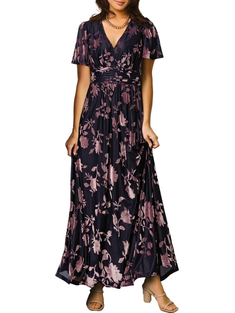 Simplee Apparel Simplee Women's Fall Wedding Guest Velvet Maxi Dress Burnout Floral Empire Waist V Neck Short Sleeve Long Formal Dress (Dark Purple Floral XL) - Image 1