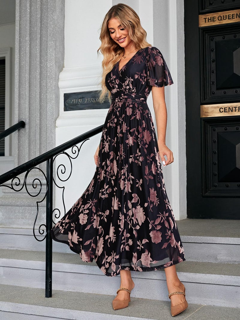 Simplee Apparel Simplee Women's Fall Wedding Guest Velvet Maxi Dress Burnout Floral Empire Waist V Neck Short Sleeve Long Formal Dress (Dark Purple Floral XL) - Image 3