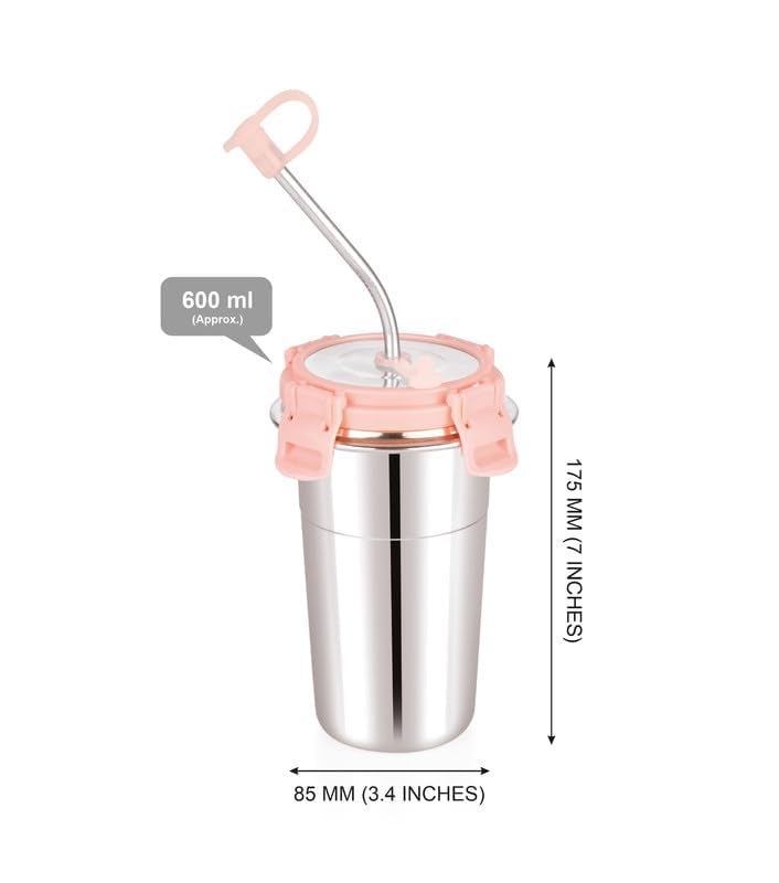 FLOMERO Glass Tumbler Stainless Steel Click Seal Lock Airtight with Easy sip Straw Dishwasher Freezer Safeeakproof NonToxicMultipurpose Glass Tumbler with lid Set of SIP Easy 600ML - Image 2