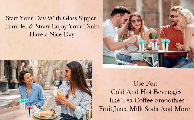 FLOMERO Glass Tumbler Stainless Steel Click Seal Lock Airtight with Easy sip Straw Dishwasher Freezer Safeeakproof NonToxicMultipurpose Glass Tumbler with lid Set of SIP Easy 600ML - Image 4