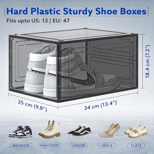 Primalite HEAVY-DUTY Shoe Crates Storage Box- 6 Pack with DROP-SIDE Display Magnetic Door, THICKEN & STURDY HARD Plastic Stackable Rectangular Container SNEAKER Boxes | Fits Upto US: 13- BLACK - Image 2