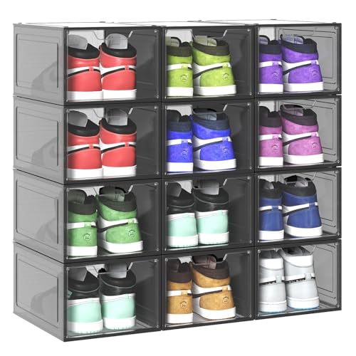 Primalite HEAVY-DUTY Shoe Crates Storage Box- 6 Pack with DROP-SIDE Display Magnetic Door, THICKEN & STURDY HARD Plastic Stackable Rectangular Container SNEAKER Boxes | Fits Upto US: 13- BLACK - Image 1