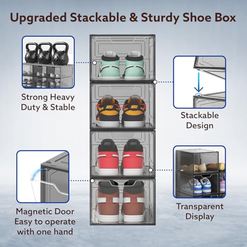 Primalite HEAVY-DUTY Shoe Crates Storage Box- 6 Pack with DROP-SIDE Display Magnetic Door, THICKEN & STURDY HARD Plastic Stackable Rectangular Container SNEAKER Boxes | Fits Upto US: 13- BLACK - Image 4