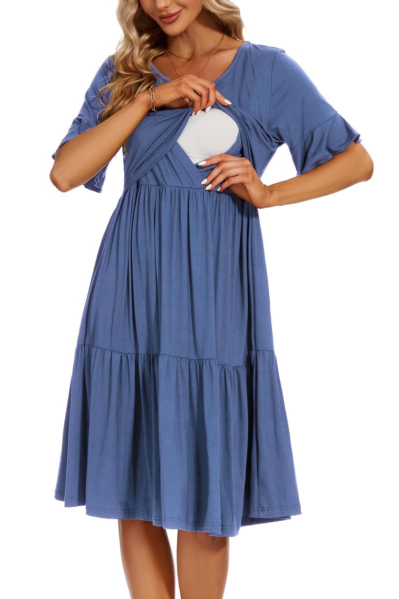 Smallshow Women's Maternity Nursing Dress Ruffle Short Sleeve Breastfeeding Clothes Medium Grey Blue - Image 1