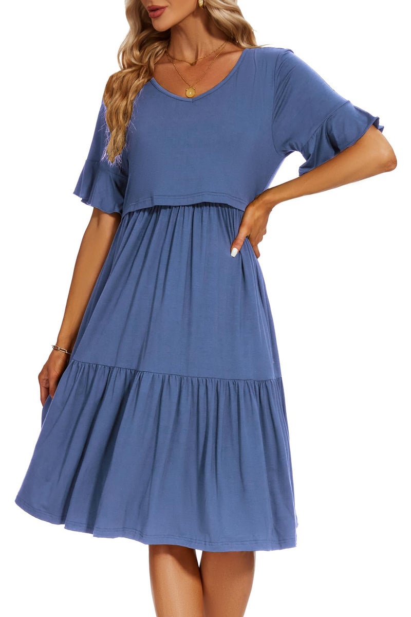 Smallshow Women's Maternity Nursing Dress Ruffle Short Sleeve Breastfeeding Clothes Medium Grey Blue - Image 2