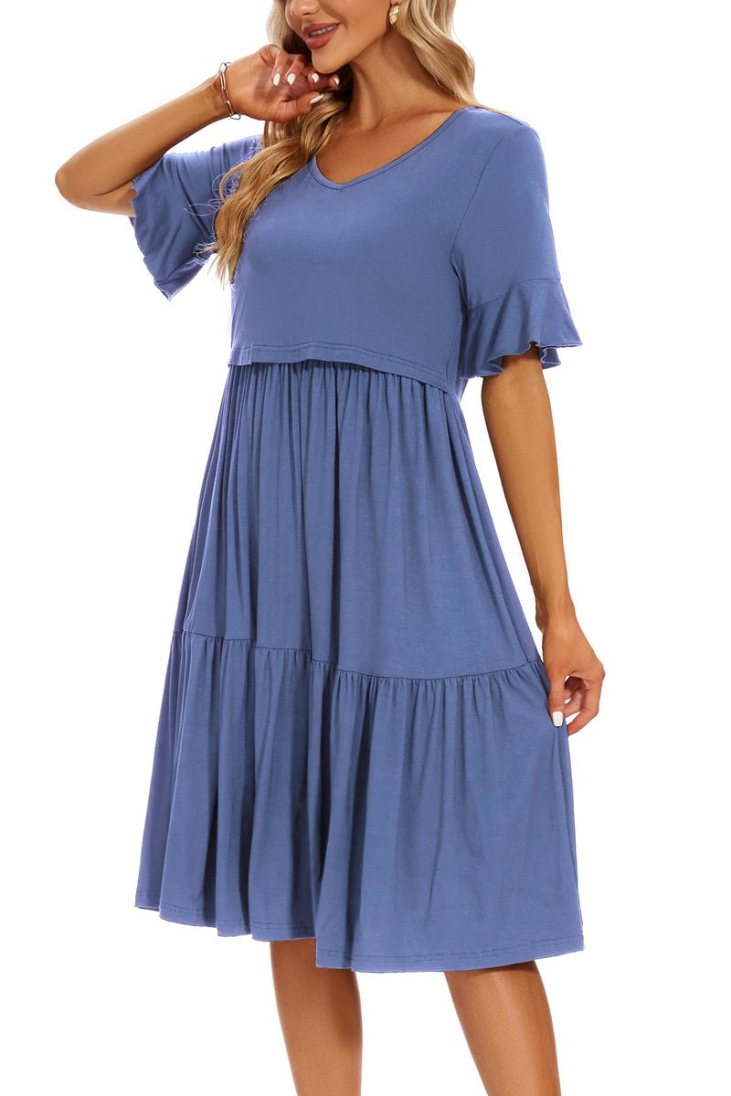 Smallshow Women's Maternity Nursing Dress Ruffle Short Sleeve Breastfeeding Clothes Medium Grey Blue - Image 3