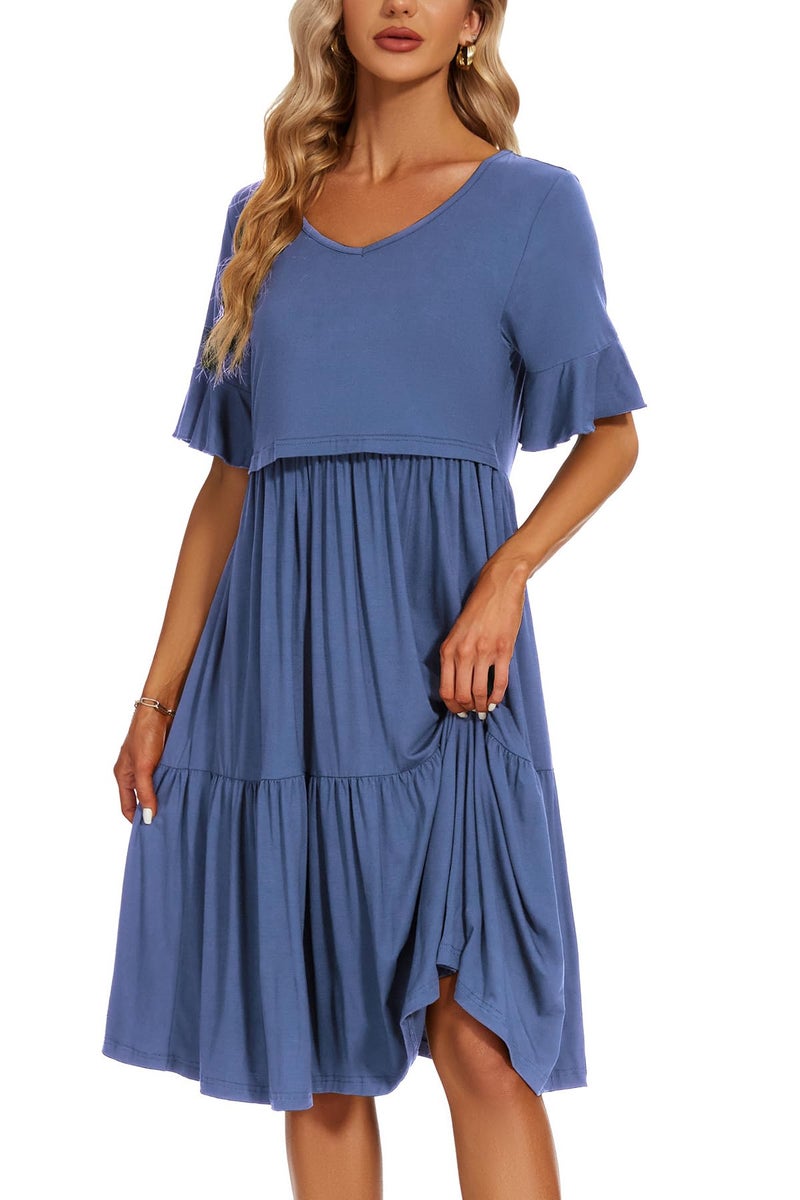 Smallshow Women's Maternity Nursing Dress Ruffle Short Sleeve Breastfeeding Clothes Medium Grey Blue - Image 4