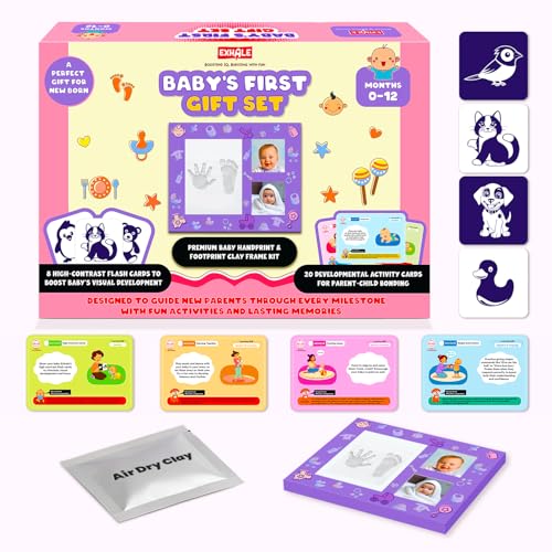 Exhale Baby’s First Gift Set | Newborn Keepsake Kit with Handprint & Footprint Clay Frame, 20 Milestone Activity Cards & 8 Flash Cards | Perfect Baby Shower Gift for Boys & Girls (0–12 Months) - Image 1