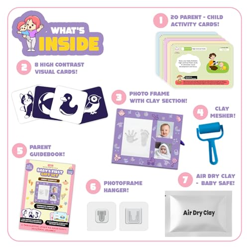 Exhale Baby’s First Gift Set | Newborn Keepsake Kit with Handprint & Footprint Clay Frame, 20 Milestone Activity Cards & 8 Flash Cards | Perfect Baby Shower Gift for Boys & Girls (0–12 Months) - Image 2