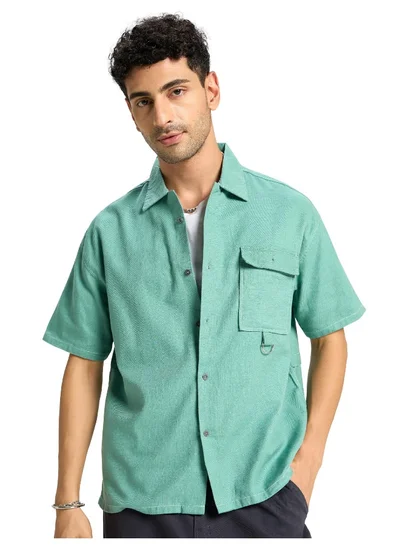 Beyoung Ice Green Contrast Stitch Shirt for Men