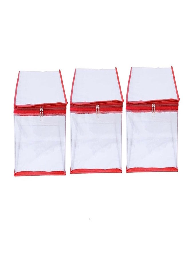 ABBASI Saree Cover Storage Bag Big for Clothes with Zip Organizer for Wardrobe, transparent Large Design Boxes (Red, Pack of 3) - Image 1