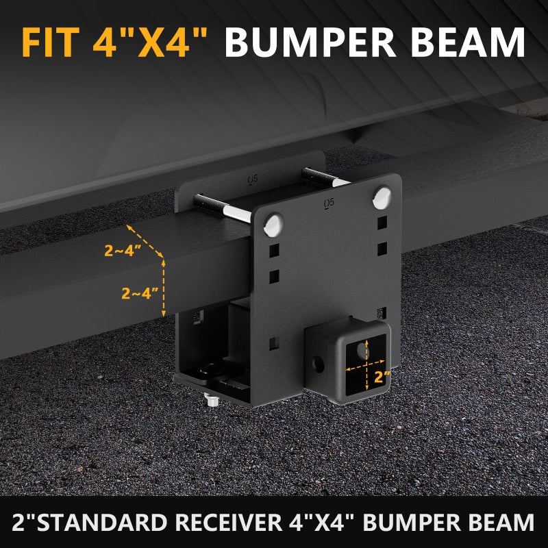 YZONA RV Bumper Hitch Receiver, 2" Tow Hitch Trailer, 3500 LBS Capacity Fits 2 inch to 4 inch Rear Beams, Towing Adapter Openning for Camper Cargo Carrier Bike Racks RV Tire Carrier Ball Mounts - Image 3