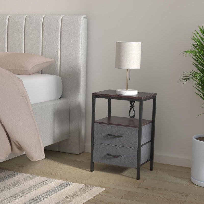 Huuger Nightstands Set of 2, End Tables with Charging Station, Fabric Drawers, Bedside Tables with USB Ports and Outlets, Night Stands for Bedroom, Walnut - Image 2
