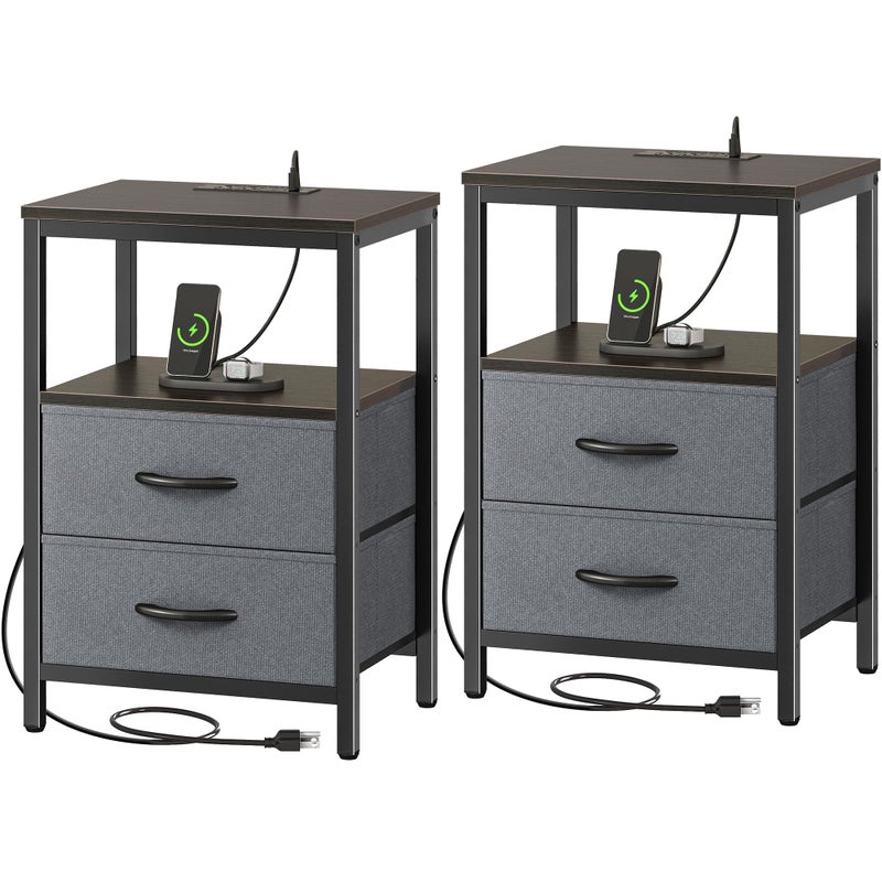 Huuger Nightstands Set of 2, End Tables with Charging Station, Fabric Drawers, Bedside Tables with USB Ports and Outlets, Night Stands for Bedroom, Walnut - Image 1