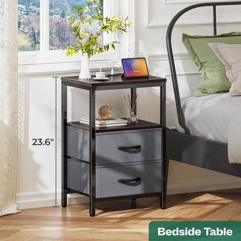 Huuger Nightstands Set of 2, End Tables with Charging Station, Fabric Drawers, Bedside Tables with USB Ports and Outlets, Night Stands for Bedroom, Walnut - Image 3