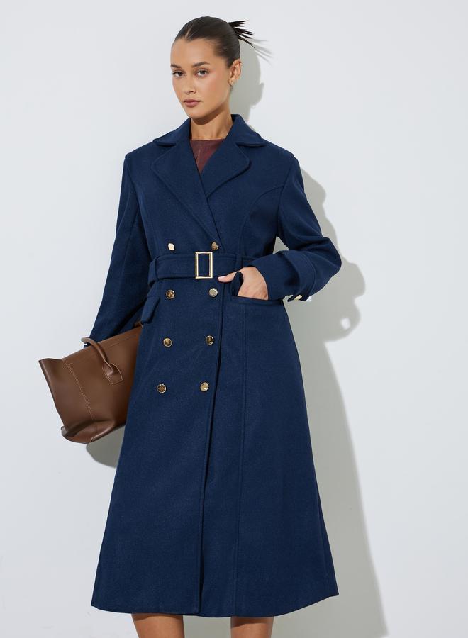 Styli Navy Blue Double Breasted Knee Length Coat - Image 1